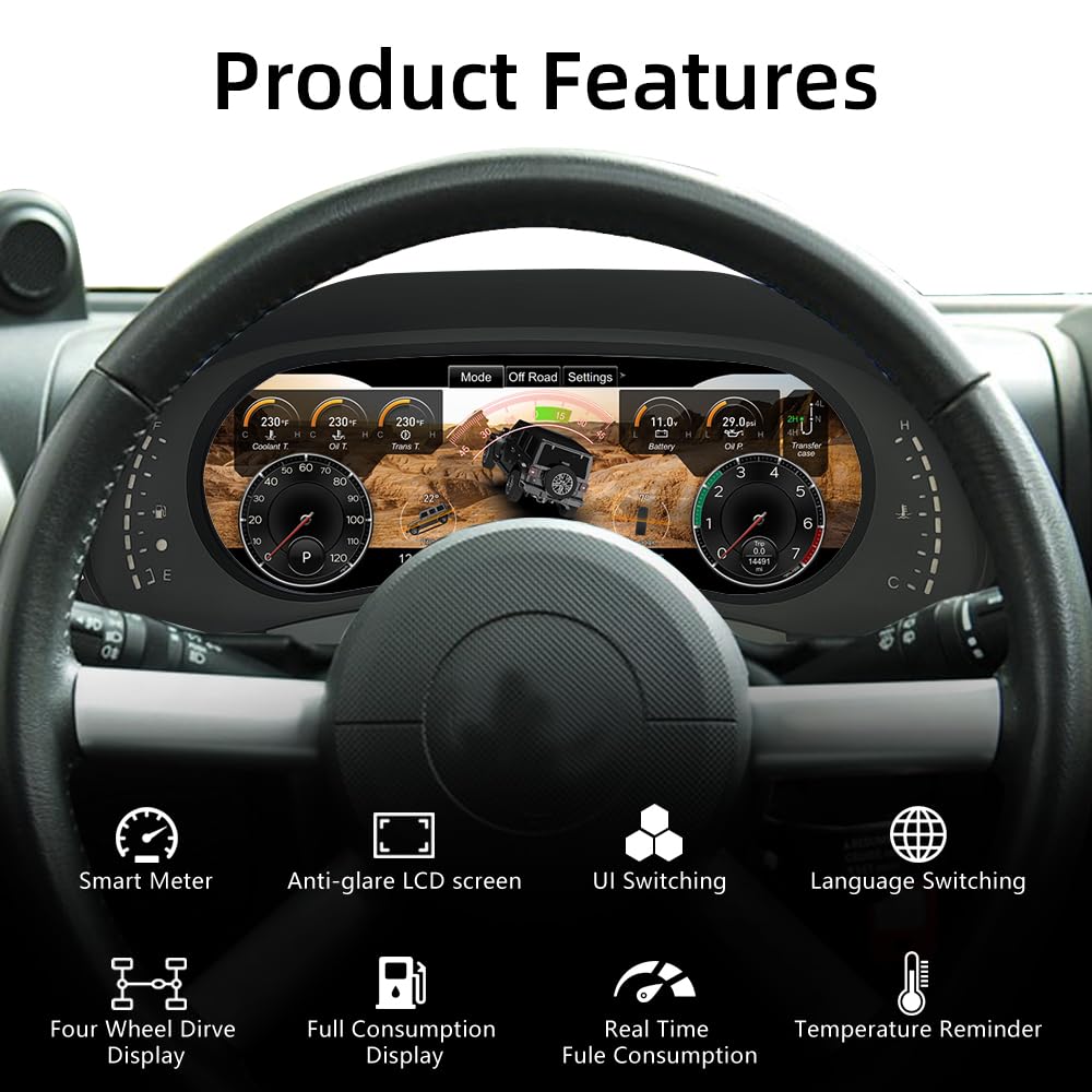 12.3" Digital Dash Instrument Cluster for Jeep Wrangler JK 2007-2010 Digital Cluster Instrument Speedometer Replacement Aftermarket Digital Dash Cluster