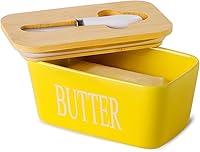 Vista 8 de Hasense Mantequillera de porcelana con tapa de bambú - Mantequillera cubierta con cuchillo de mantequilla para encimera, recipiente hermético
