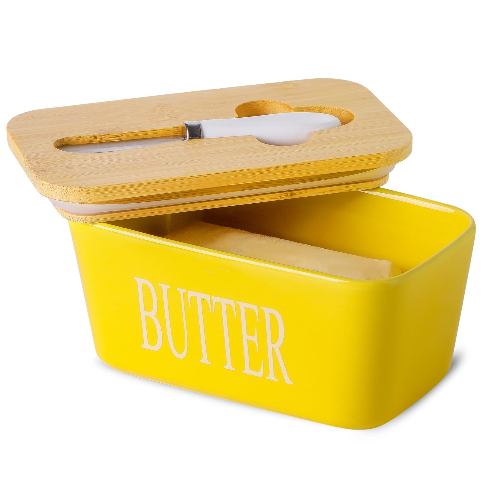 Butter Dish with Lid for Countertop, Hasense Large Ceramic Butter Container Keeper Holder with Cover and Knife for Fridge, Airtight Butter Stoage Box for Homemade Butter and Home Kitchen Decor, Yellow