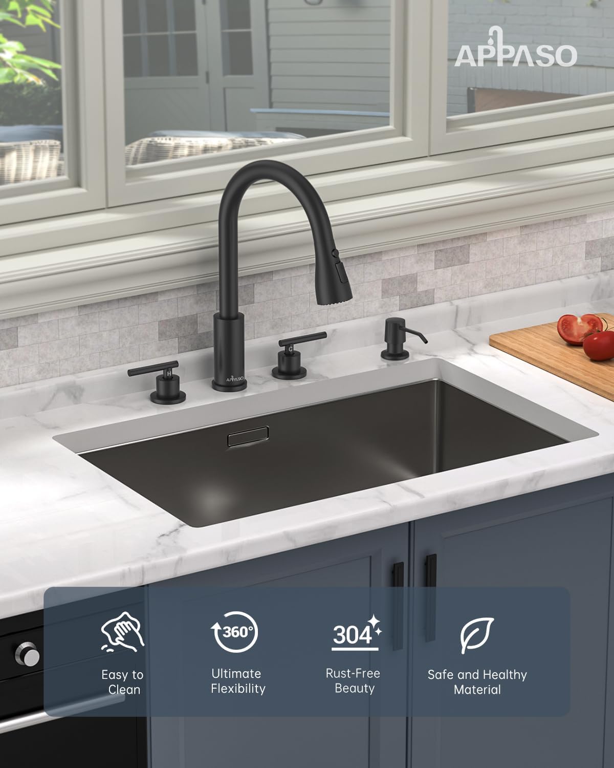 APPASO 2 Handle Kitchen Faucet, 4 Hole Black Kitchen Sink Faucet with Soap Dispenser, Modern High Arc 3 Hole Faucet for Kitchen Sink - Image 2