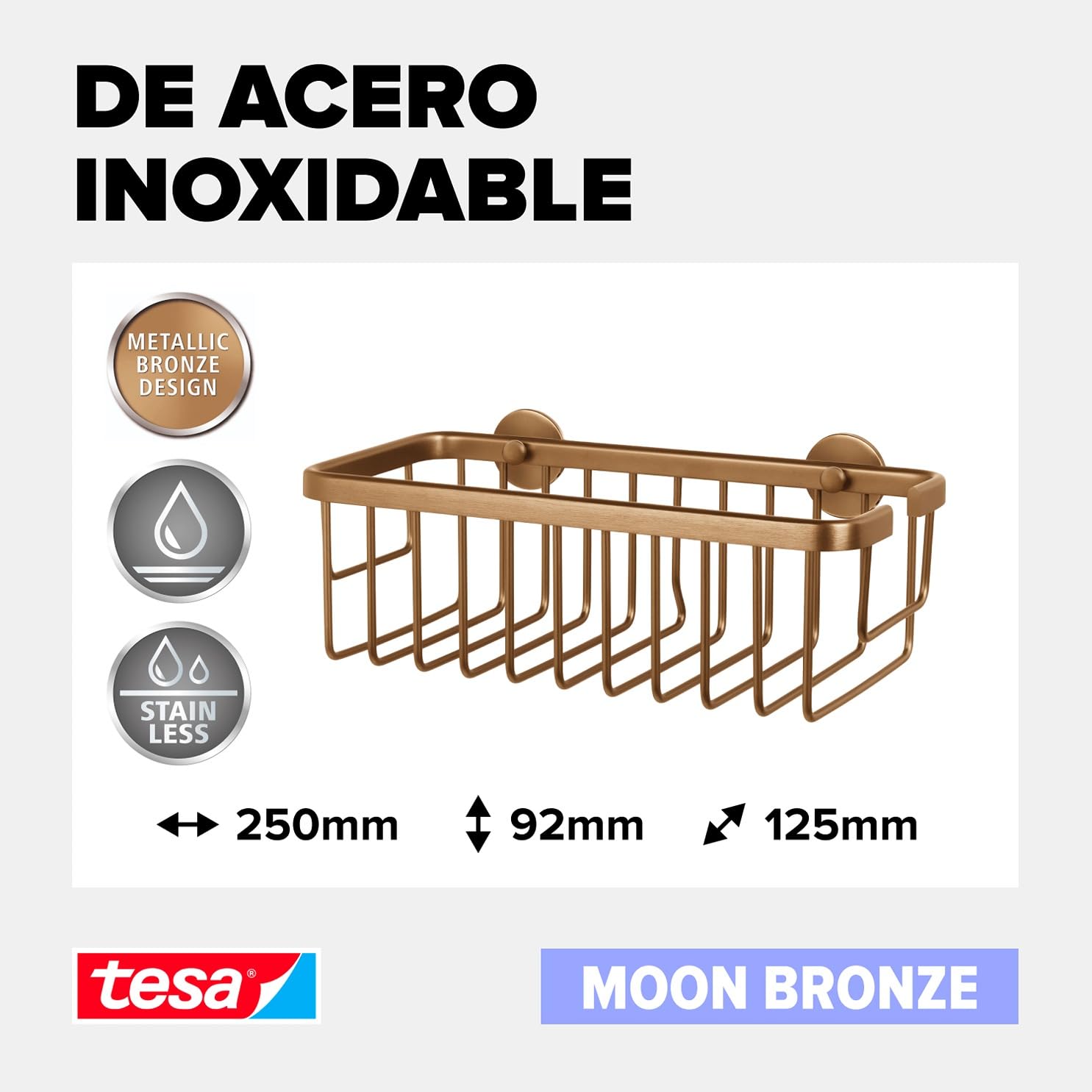 tesa MOON Cesta de Ducha Autoadhesiva - Canasta de 1 Nivel, Extra Profunda, de Metal Revestido de PVD, Cepillada en Bronce - sin Taladrar, Incluye Solución Adhesiva - 92 mm x 250 mm x 125 mm