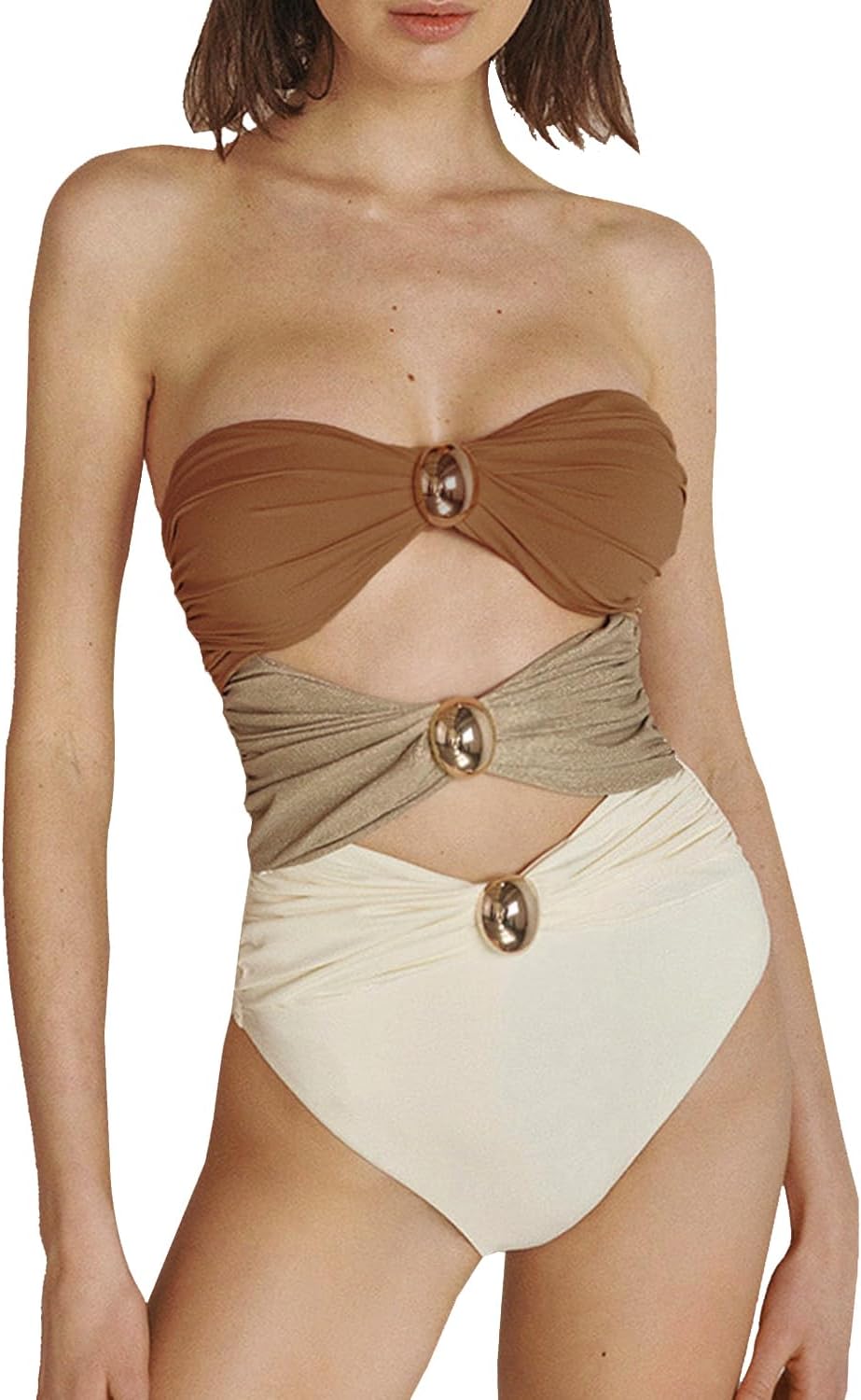 SherryDC Women's Cutout One Piece Swimsuit Bandeau Ruched Color Block High Waisted Bathing Suit with Removable Straps