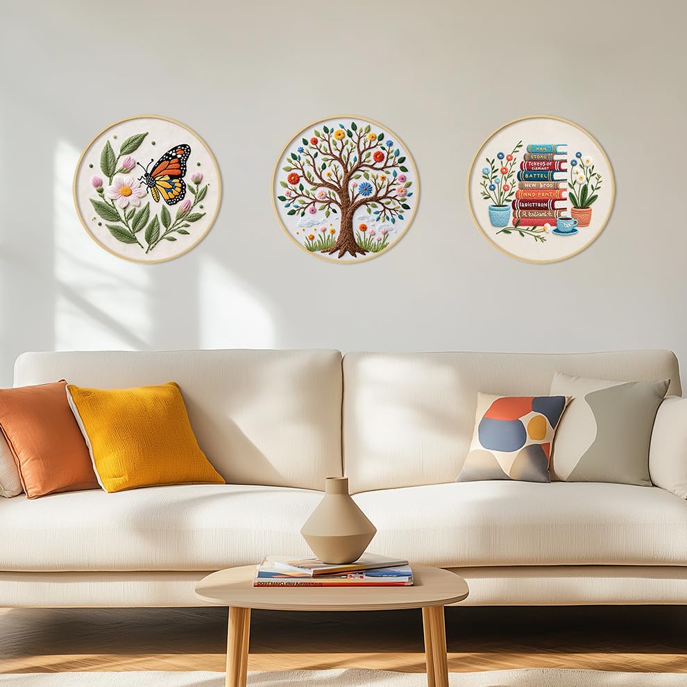 Image of KEKEMEOW 3 Sets Embroidery Kit for Beginners, Stitches with Books and Flowers, Embroidery Stitch Practice kit for Adults Craft Lover, Cross Stitch Kit with Pattern、Instruction、Hoop