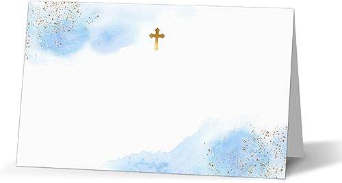 Miniatura 1 de MVXAD Tarjetas de bautismo de papel de aluminio dorado, tarjetas de nombre de primera comunión azul acuarela para colocar la mesa, celebración de