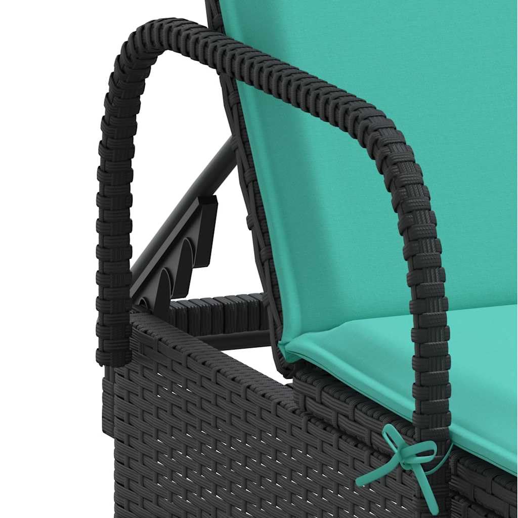 Lettino prendisole con ruote, lettino da giardino in polyrattan con schienale regolabile e comodo cuscino, mobili da giardino per terrazza e balcone, 61 x 200 cm, nero/turchese
