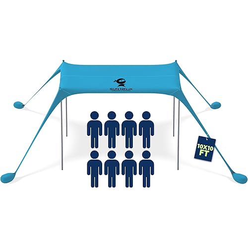 Sun Ninja Beach Tent Sun Shelter UPF50+ - Easy Pop Up Beach Canopy - Outdoor Shade for Camping Trips, Fishing, Backyard Fun Picnics - Sand Shovel, Ground Pegs & Stability Poles