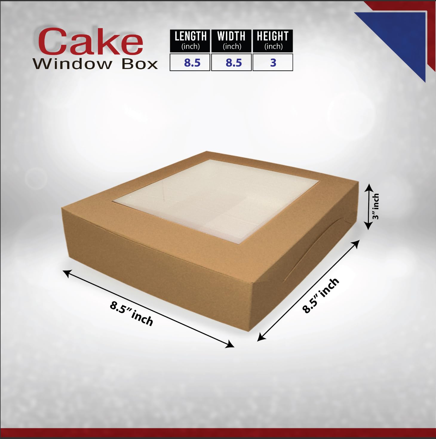 Tennessee IMPEX 25 Bakery/Cake Boxes, Clear Window, 8.5 x 8.5 x 3 Inches, Kraft, for Cakes, Cupcakes, Pies, Donuts, and Treats