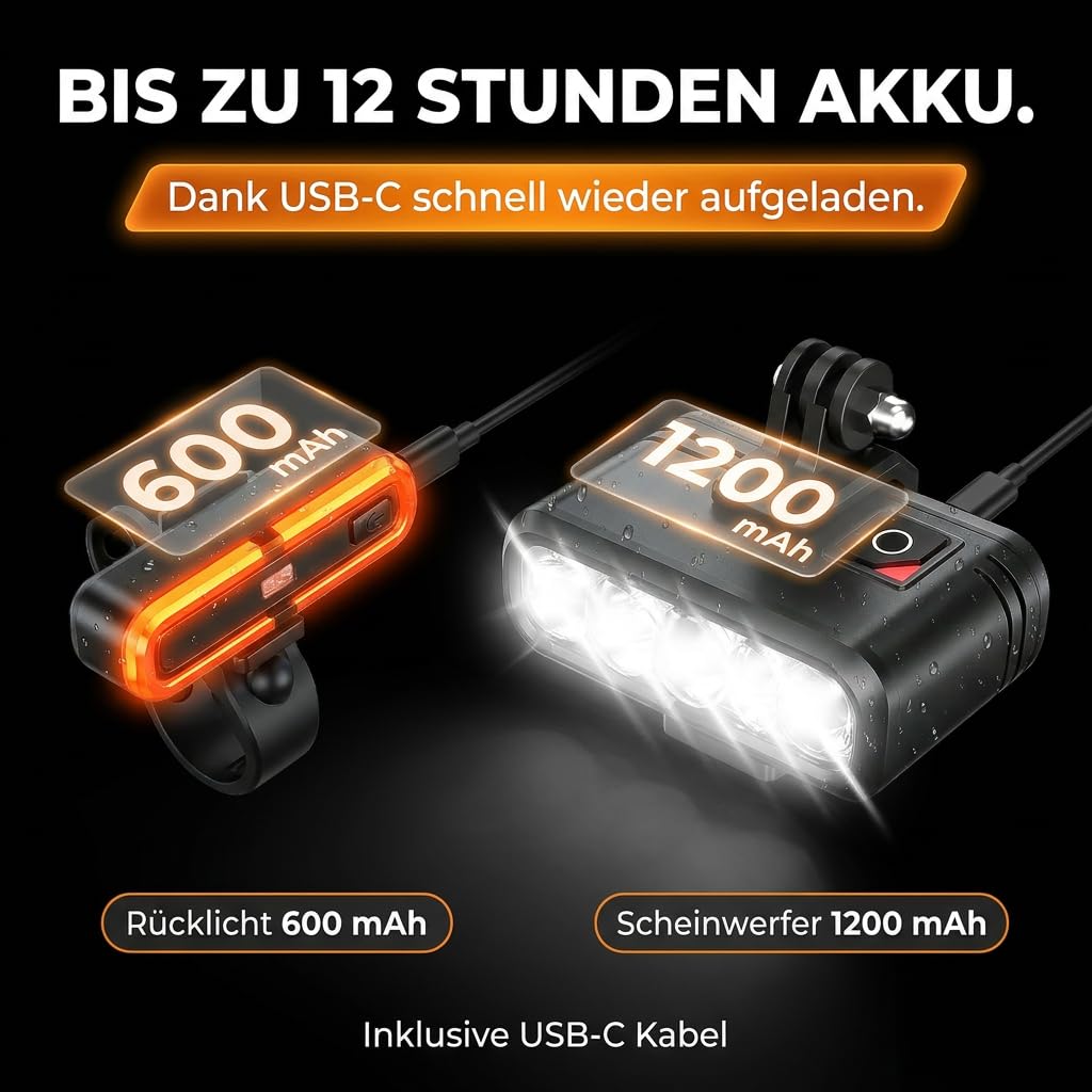 Fahrradlicht Set mit StVZO Zulassung, 3 LED Frontlicht Blendfrei & Rücklicht mit Bremslichtfunktion, USB-C Aufladbar, IP65 Wasserdicht, Halterung Kompatibel mit GoPro & Fahrradcomputer für MTB E-Bike