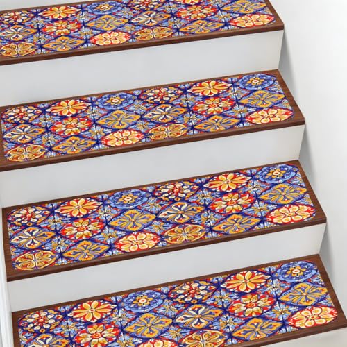 Mexpekil 10 peldaños de cerámica antideslizante para escalones de escalera, diseño étnico mexicano vibrante
