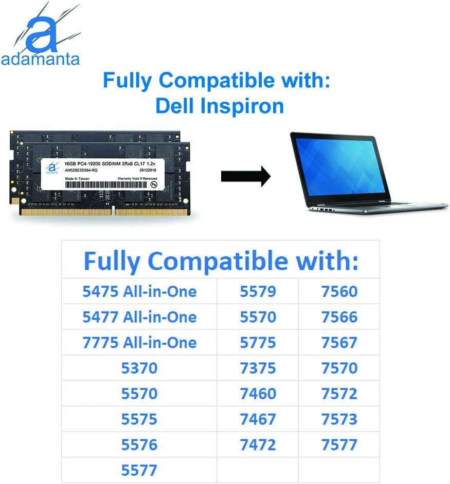 Adamanta 32GB (2x16GB) Laptop Memory Upgrade Compatible for Dell Alienware, Inspiron, Latitude, Optiplex, Precision, Vostro & XPS DDR4 2400Mhz PC4-19200 SODIMM 2Rx8 CL17 1.2v RAM P/N: SNP821PJC/16G