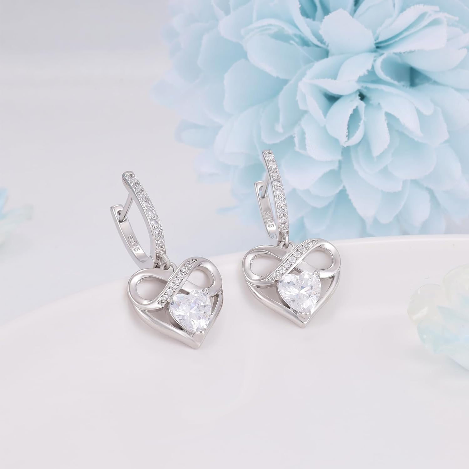 Heart Earrings for Women - Sterling Silver Dangle Hoop Earrings for Lady Hypoallergenic Sparkle Cubic Zirconia Infinity Love Heart Earring for Sensitive Ears Dainty Jewelry Gifts for Her Wife Mom - Image 3