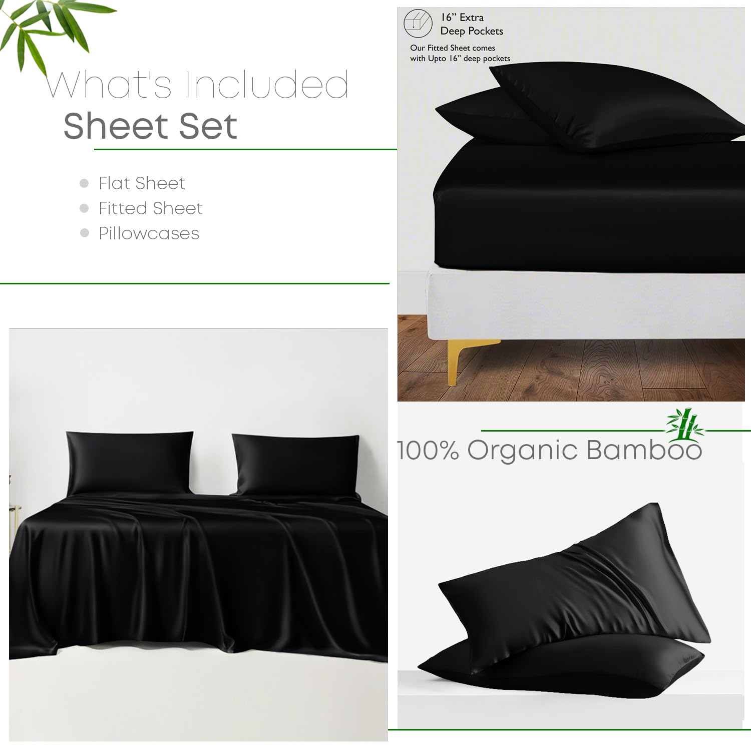 LINENWALAS Double Bed Sheet Set, 300 Thread Count, 100% Bamboo Bedding, Cooling Silk Black With 1 Fitted Sheet - Image 2