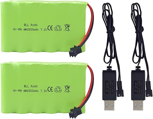 MOONZON 2 pilas recargables AA de 7.2 V 2800 mAh con enchufe SM-2P y 2 cables de carga USB para Huina 1550 550 Excavadora de control remoto, camión,