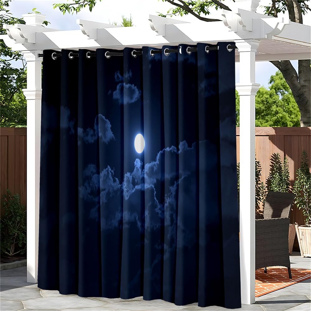 Hiseng Waterproof Outdoor Curtain for Patio Pergola, Sunshade Blackout Thermal Insulated Curtains with Eyelet Top for Garden, Gazebo, Porch, 1 PANEL, 3D Moon Starry Sky (Blue 4,52x63 in)