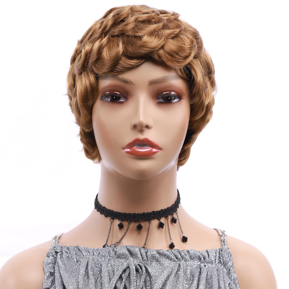Short Curl Wig Brown Finger Wave Curly Synthetic Hair Wigs for Black Women Pixie Cut Mommy Wig Hair Cosplay
