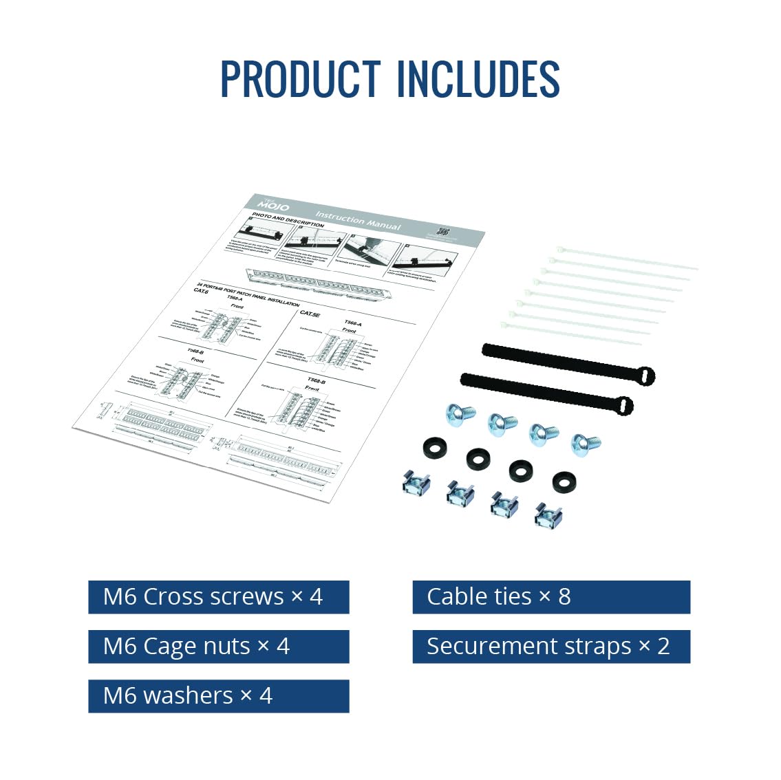 Tecmojo Pannello patch Cat6 a 24 porte elencato UL, Patch Panel di rete 1U per apparecchiature per montaggio su rack da 19", supporto 10G, con gestione dei cavi, non schermato