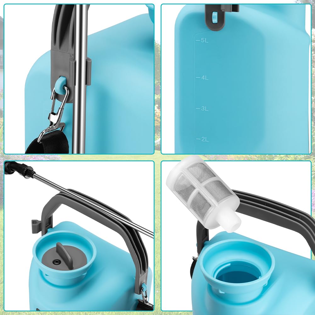 BAKAJI Spruzzatore a batteria da Giardino con Accessori, Nebulizzatore a pressione con Tracolla Antifatica, Pompa Ultra Leggera Irrigazione e Cura Piante, Ideale Acqua e Antiparassitario (5 Litri)