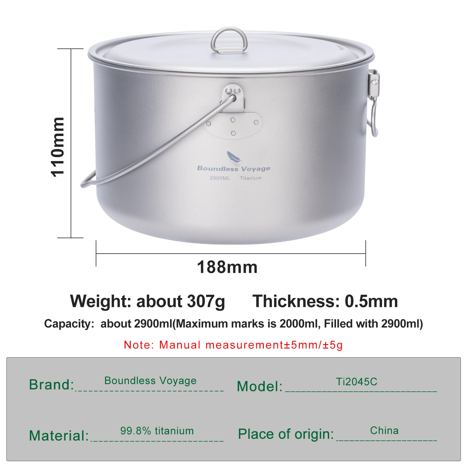iBasingo 2.9L Titan Hängender Topf mit Großer Kapazität Camping Schüssel Leichte Outdoor Kochgeschirr Koch Mess Kit mit Klappgriff Küchen Utensilien für den Außenbereich für 1-3 Personen Ti2045C