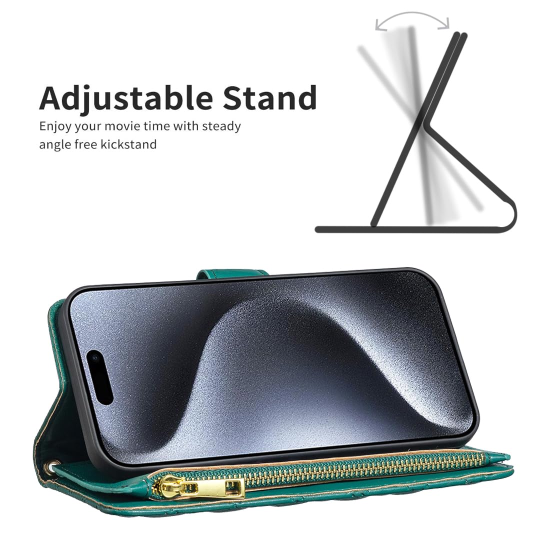 Asuwish Phone Case for iPhone 15 Pro Max 6.7 inch Wallet Cover with Tempered Glass Screen Protector and Flip Card Holder Cell iPhone15promax 5G i Phone15Max Plus iPhone15 ProMax Women Girls Green - Image 3
