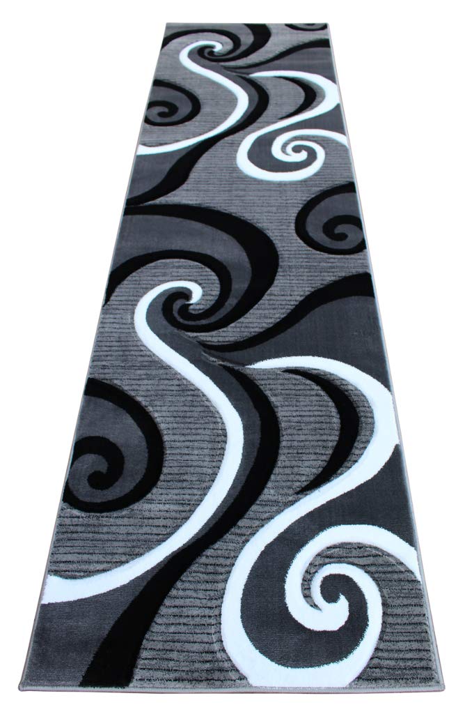 Masada Rugs Sophia Collection Hand Carved Runner Area Rug Modern Contemporary Grey White Black (2 Feet 8 Inch X 10 Feet) Runner