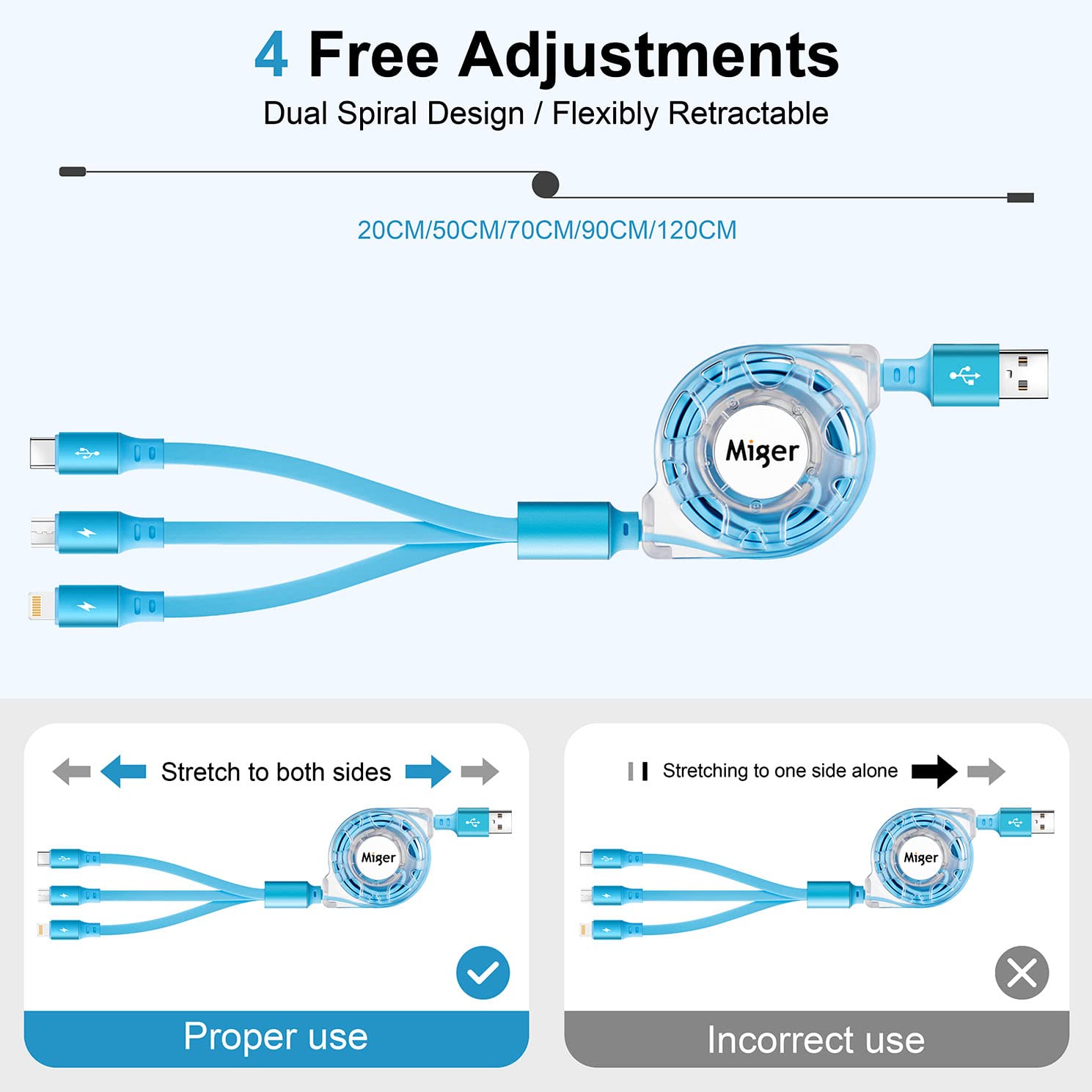 Multi Fast Charging Cable 4.5A [2Pack/4Ft] Retractable Multi Charger Cable Type C/Lightning/Micro USB Port 3 in 1 Multi USB Cable for Samsung Galaxy S22,iPhone,Huawei,LG,Pixel,Tablets,HTC,Sony,Xiaomi