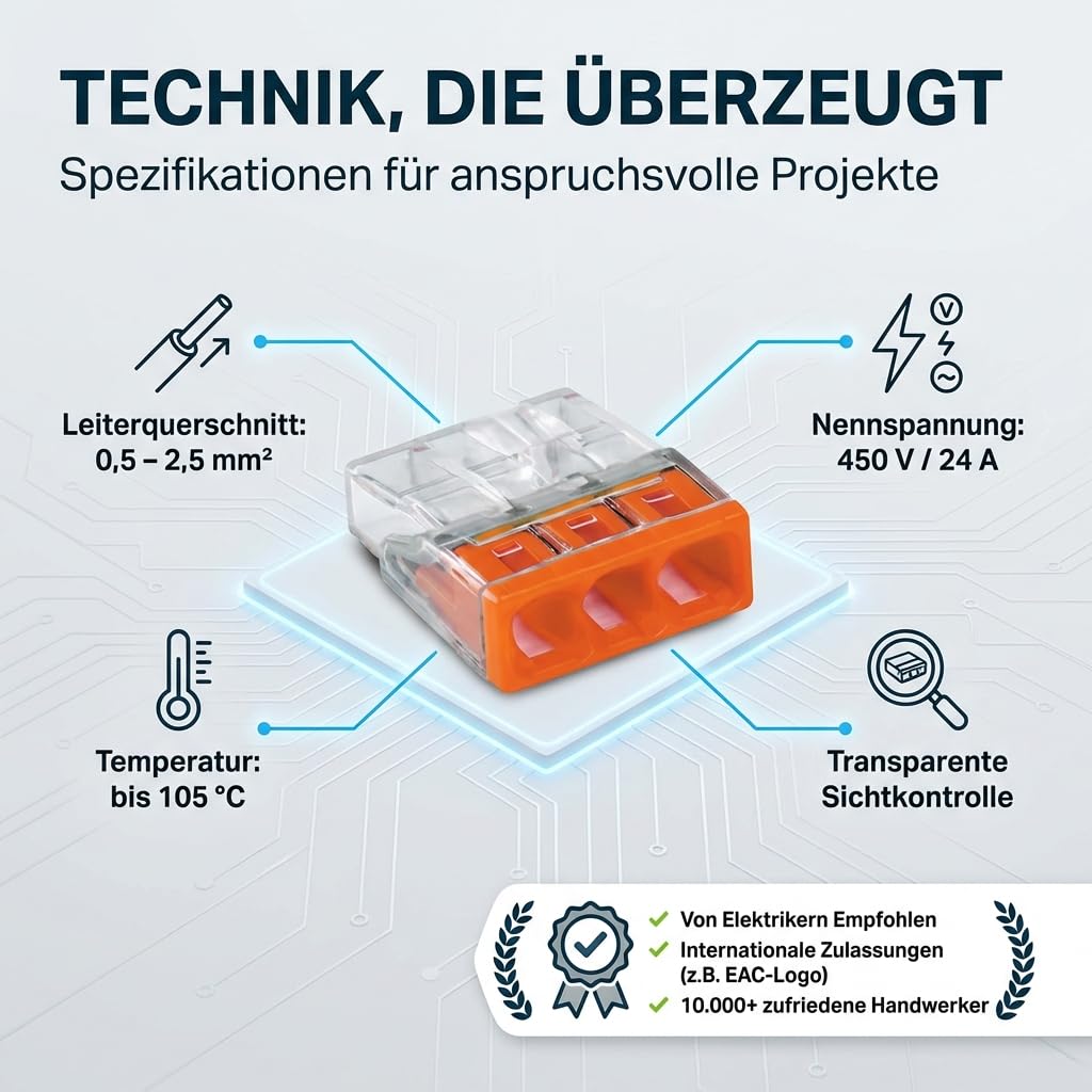 Verbindungsklemmen Set 250 Stück – enthält Original WAGO Klemmen Set Serie 2273 (2-, 3-, 4-, 5-, 8 polig) – Installationsklemmen in wiederverschließbarer Box
