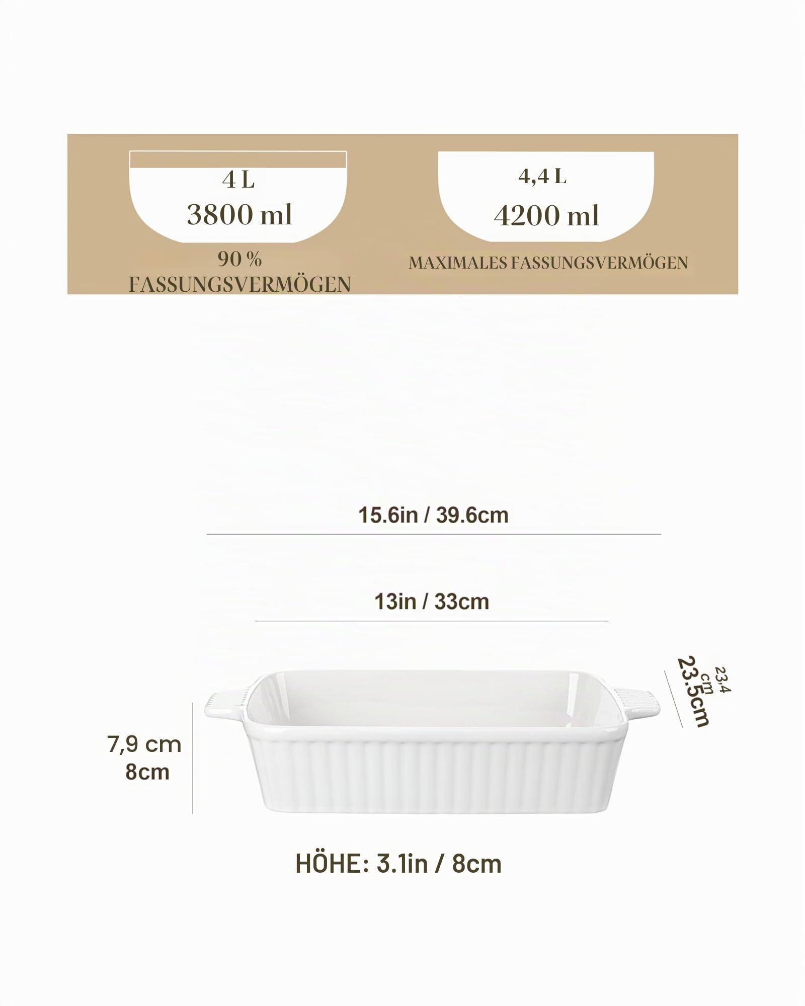 MALACASA Auflaufform Groß, 40 cm Rechteckig Ofenform mit Griffen für 4-6 Personen(4 L), Tiefe Baking Dish aus Keramik für Lasagne, Braten & Aufläufe, Ofen- & Spülmaschinenfest, Weiß, Serie Bake