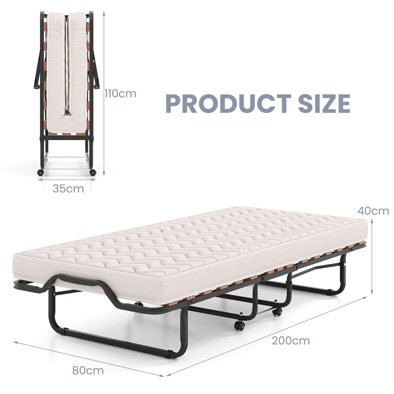 LIFEZEAL Brandina Pieghevole con Materasso, Letto Singolo a Scomparsa, Letto di Emergenza per Ospite, con 4 Ruote, Telaio in Acciaio, 15 Doghe in Legno, Salvaspazio, Max 120 kg, Made in Italy