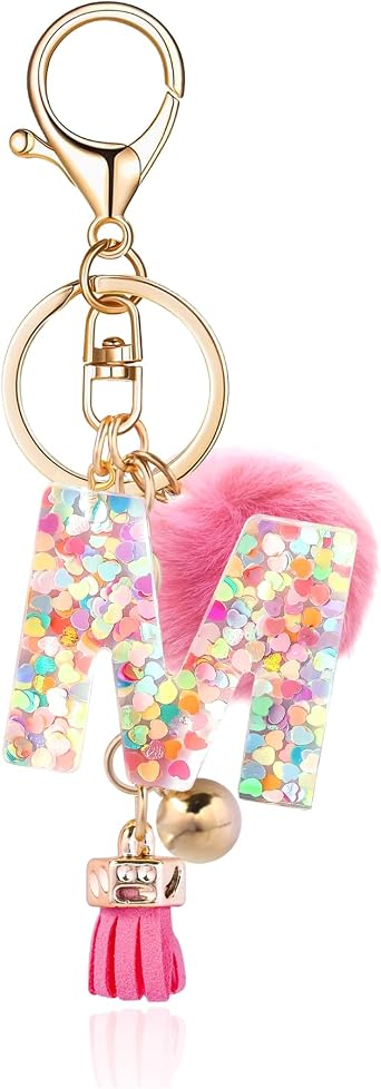 Resin Alphabet Initial Letter Keychain Keyring for Women Purse Handbags With Fur Ball Pom