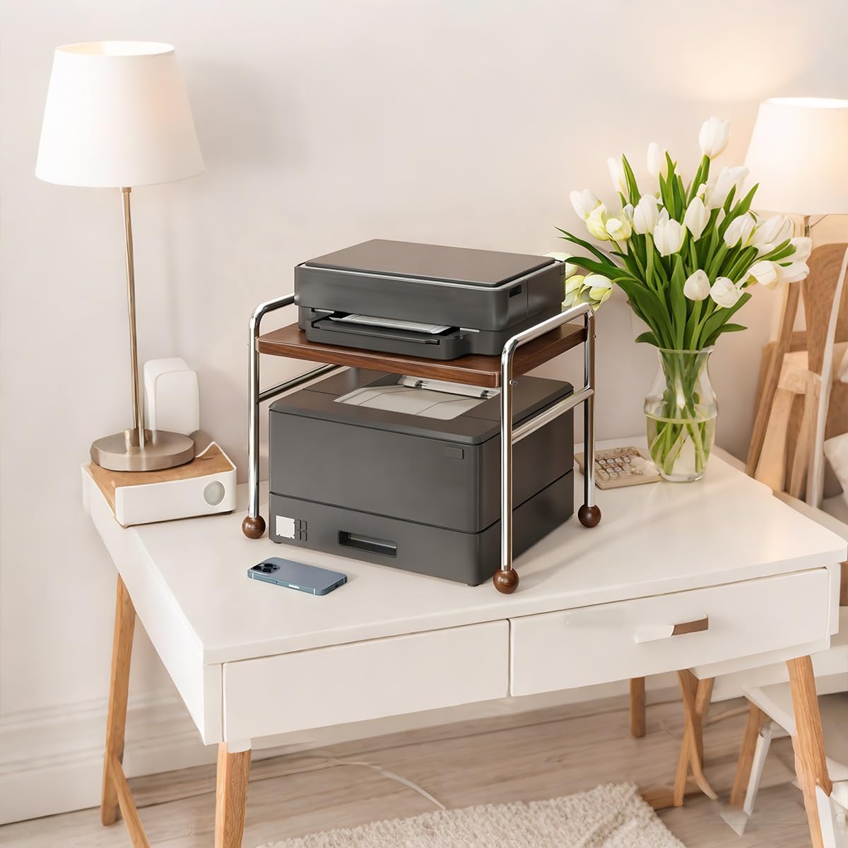 Soporte para impresora con parte superior de madera, estante de acero de 2 niveles, cajón extraíble, solución de almacenamiento de escritorio para oficina en casa, gran capacidad