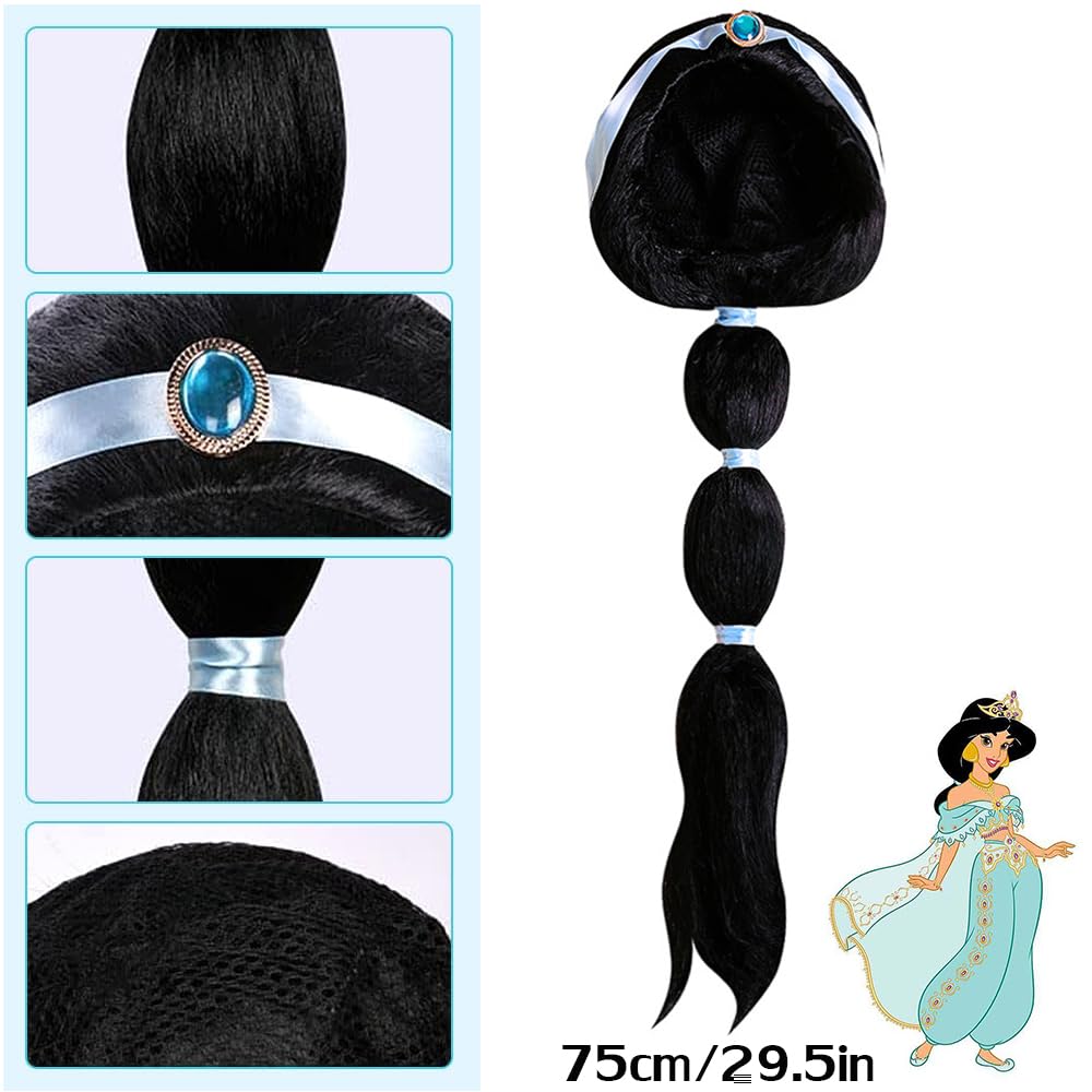 YGCHEN Perruque princesse jasmin pour fille - Accessoire de cosplay - Perruque noire pour Halloween, carnaval, anniversaire d'enfant