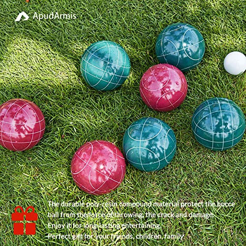 ApudArmis Bocce Balls Set, Regulation Size 100mm Bocce Game for Outdoor/Backyard/Lawn/Beach with 8 PCS 100% Resin Balls / 1 Pallino/Nylon Carrying Case/Measuring Rope (Red,Blue,Green,Yellow) - Thumbnail 7