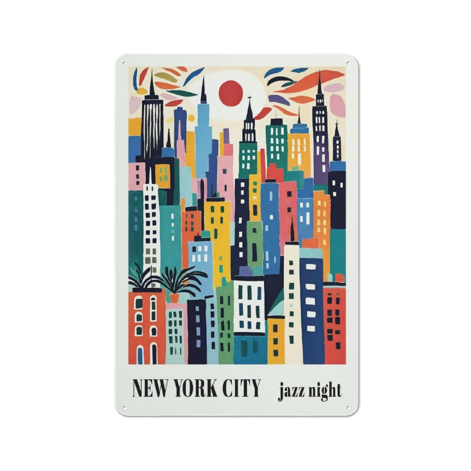 Junmoney Style-12 Metal Wall Sign 30X20cm Featuring Colorful New York City Jazz Night For Workshop Wall, For Room Styling Across Workshops And Hobby Rooms