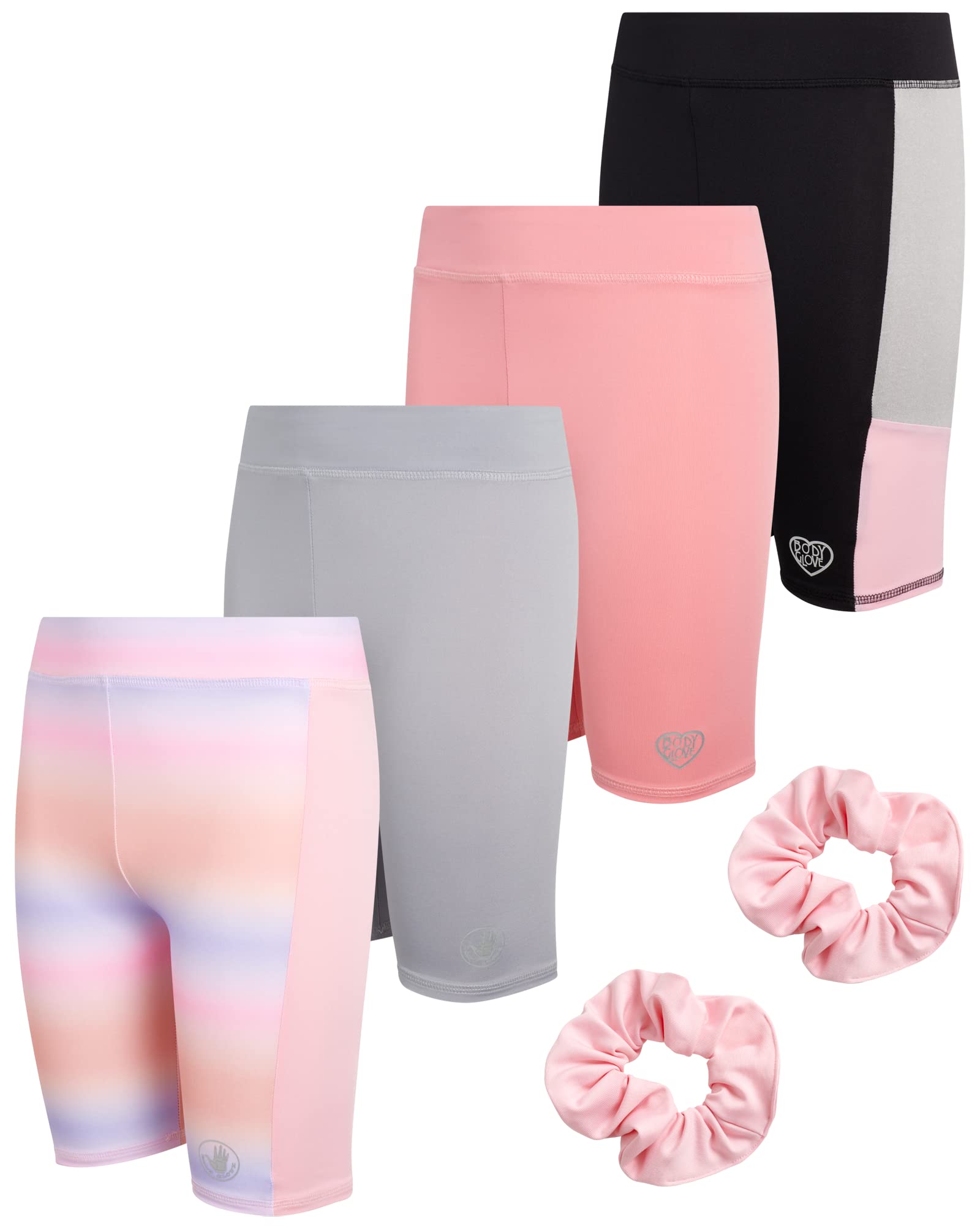 Body GloveGirls' Active Shorts - 4 Pack Performance Bike Shorts with Scrunchie (7-12)