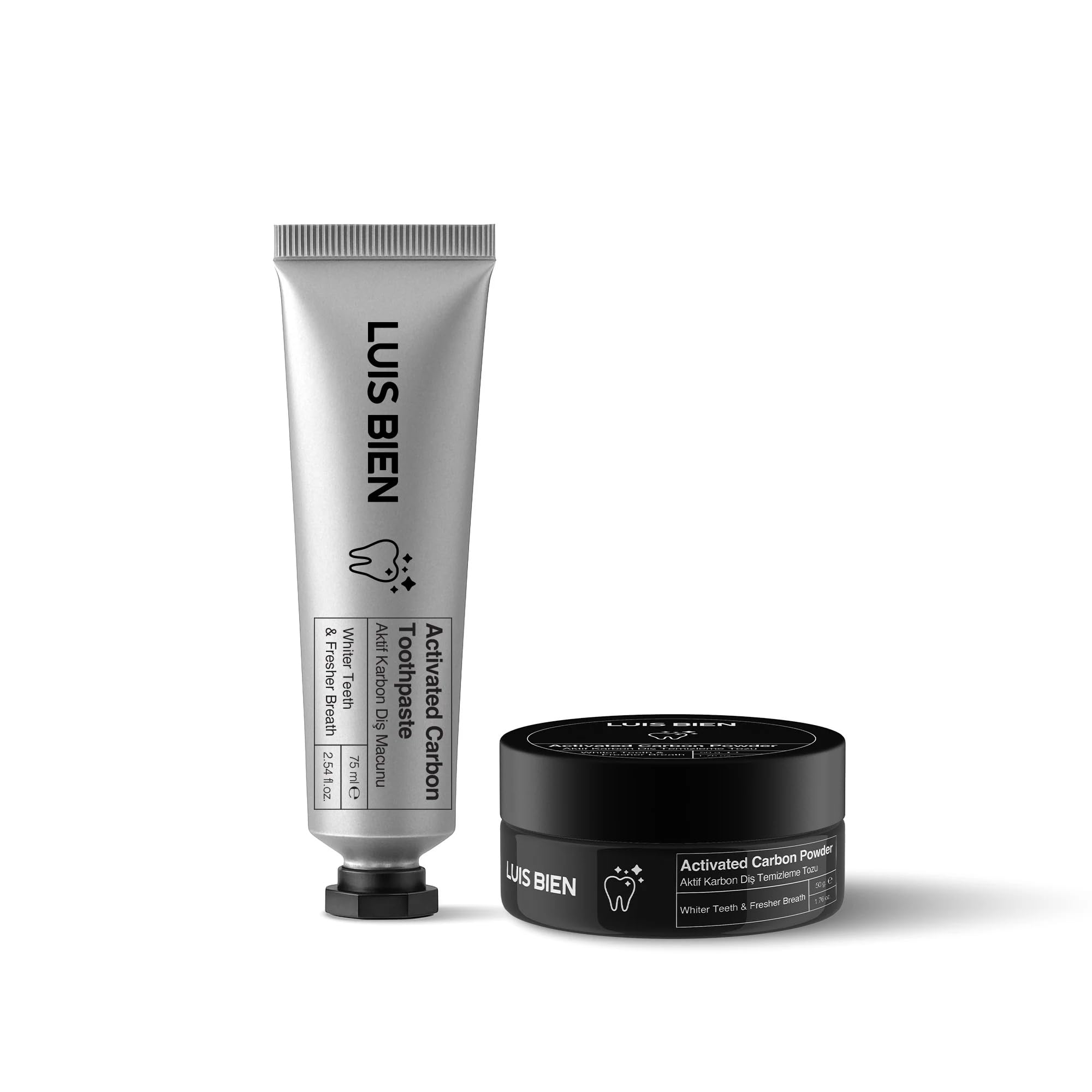 Luis Bien Diş Beyazlatıcı Set-Doğal Aktif Karbon Diş Macunu 75 ML+ Aktif Karbon Diş Beyazlatma Tozu 50 GR-Diş Sararmasına,Ağız Kokusuna Doğal Çözüm(1 adet 75 ml Diş Macunu+ 1 adet Diş Temizleme Tozu)