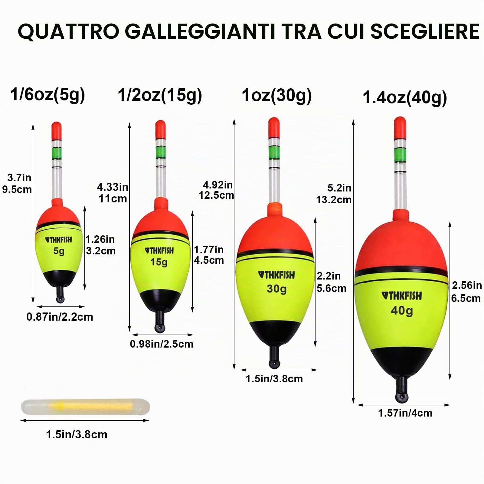 THKFISH Galleggianti da pesca Bobber da pesca luci di pesca 5 pezzi Bobber 5 g/15 g/30 g/40 g con 10 pezzi Bastoncini luminosi