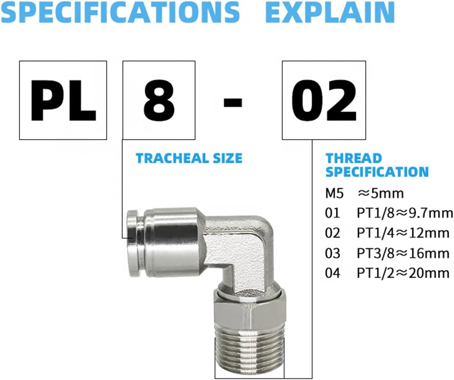 PL Thread Elbow M5 1/4 1/2 Inch 304/316 Stainless Steel Quick Air Hose Connector 2Pcs(304PL8-1/2)