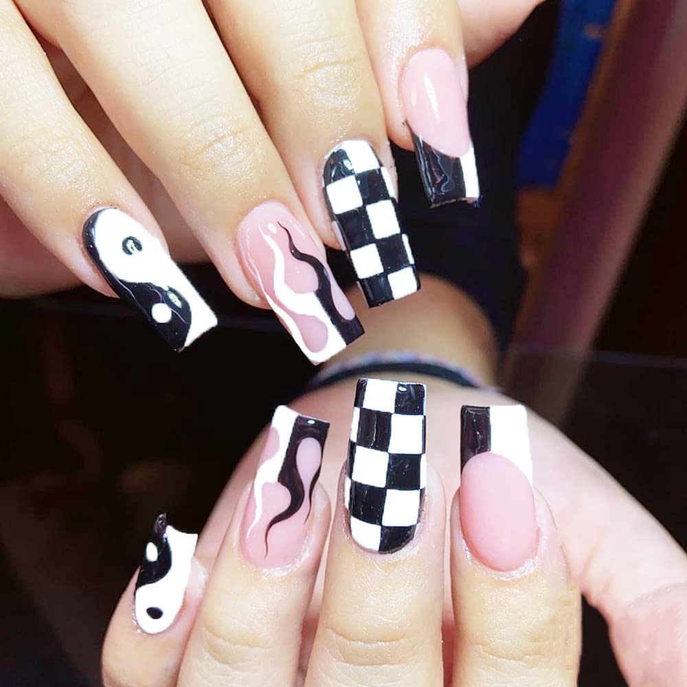 Amazon.com: 24 Pcs Press on Nails Long Fake Nails Pink Blue Black Grid  Design French Luxury Fake Nail Square Acrylic False Nails Prom Women's Nails  Full Cover False Nails Tips for Women