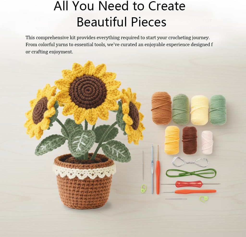 ADDZRZR Easy Crochet Sunflower Kit for Beginners Adults,Includes 8 Yarns,7 Crochet Hooks & More, Beginner Crochet and Knitting Kits for Adults & Teens