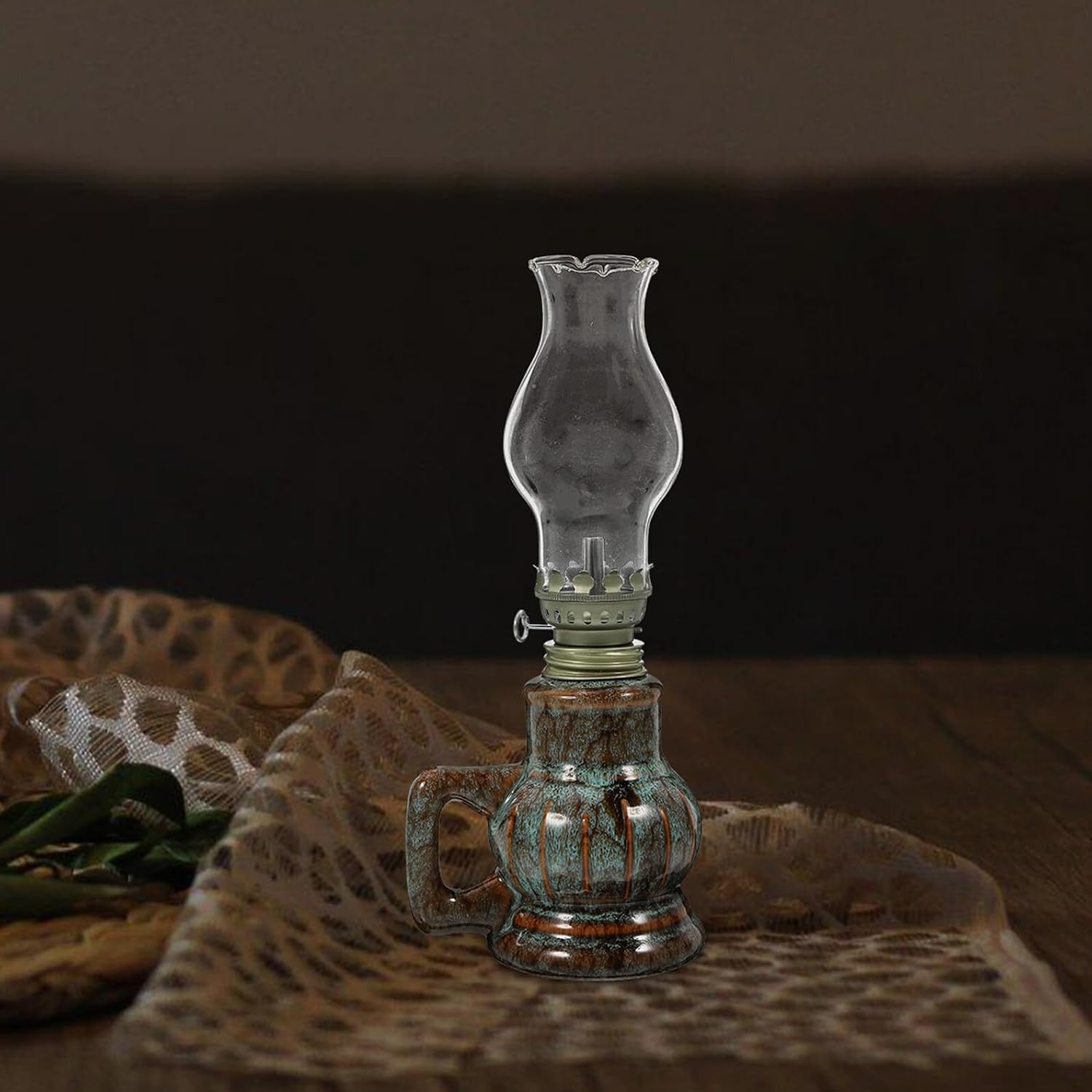 Vintage Ceramic Kerosene Oil Lamp with Handle, Emerald Green Glaze Retro Hurricane Lantern for Indoor Emergency Lighting and Home Décor,