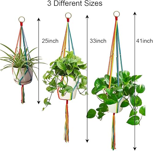 Miniatura 7 de Perchas de macramé para interiores y exteriores, paquete de 3 soportes para macetas de diferentes tamaños, soporte para plantas colgantes para