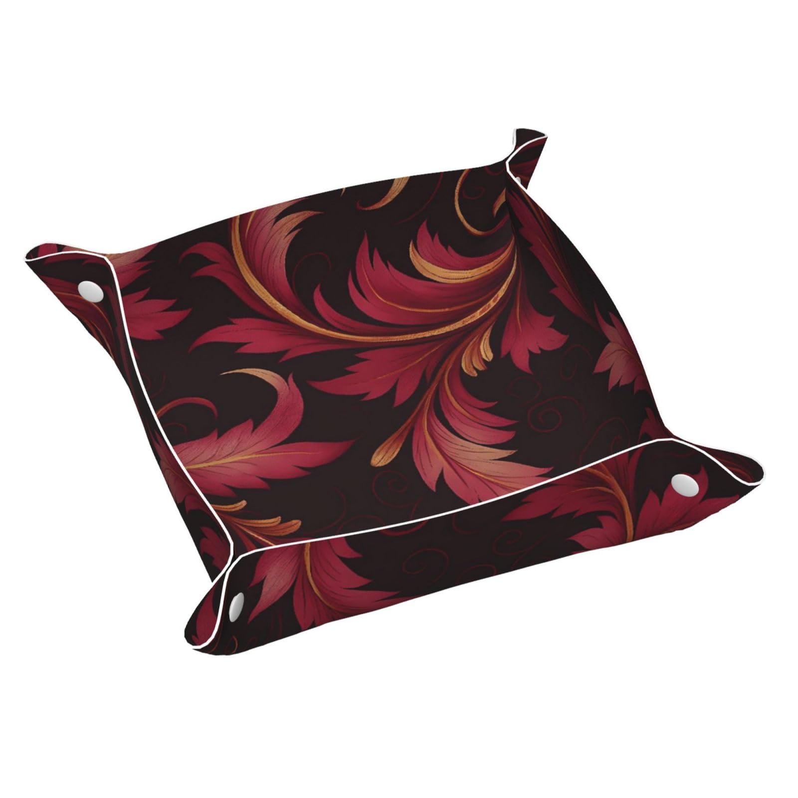 HLBSDM Abstract Wine Red Gold Feather Leaves Tray Men's Leather Valet Parking Portable Entrance Trays Bedside Storage Box