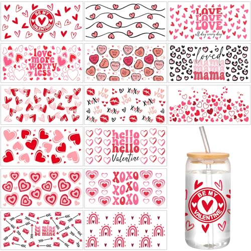 Jetec 15 Sheets Valentine‘s Day UV Dtf Cup Wrap Transfer Sticker Glass Stickers for Cups Waterproof Rub on Transfers Mug Decals for Crafting DIY
