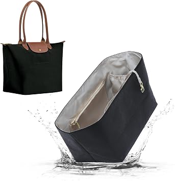 DupontPaper Purse Organizer Insert for Longchamp Le Pliage Medium Tote BagLong Handle,Waterproof Lightweight Long Champ Tote Insert Handbag with Cup Holder,Key Chain,YKK Zipper,M/Black&White