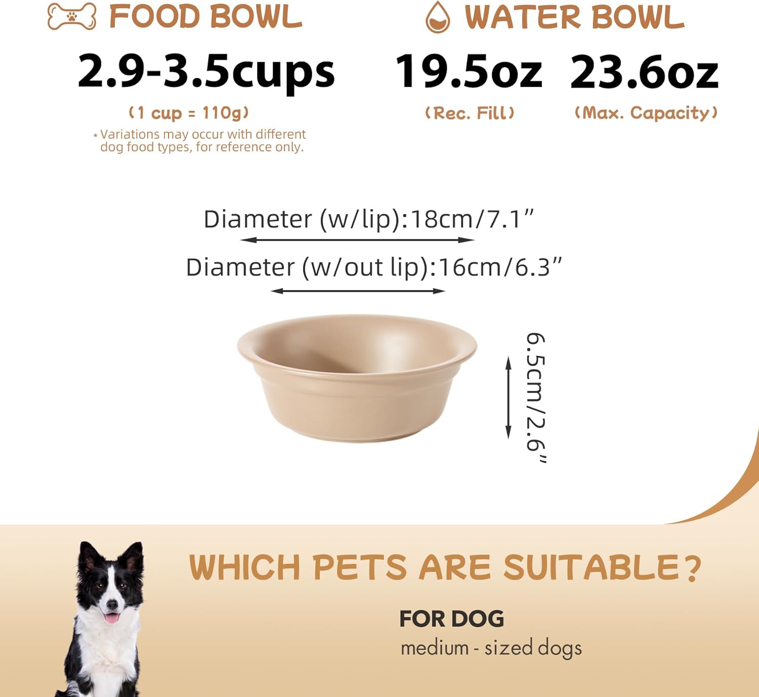 Havniva Ceramic Set of 2 Dog Bowls for Medium Dogs, 2pcs Basic 2.9 Cup Food or 19.5 oz Water Dishes for Replacement, Wide Opening Rounded Edge(2 Bowls, Oat Beige)