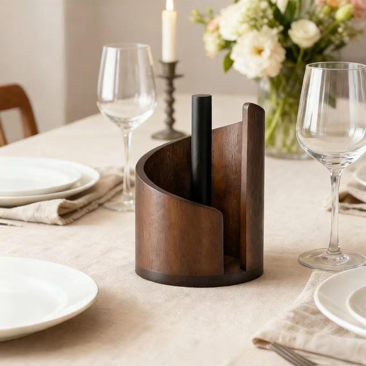 Mountain Paper Towel Holder, Countertop Wooden Holder with Mango-Wood Round Base and Iron Holders, One-Hand Tearing, Holds Jumbo and Mega Rolls for Kitchen, Living Room (Brown)