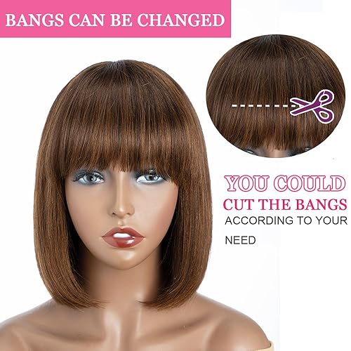 Miniatura 5 de QVR - Peluca de cabello humano corto estilo Bob con flequillo, 10 pulgadas, cabello lacio virgen brasileño hecho a máquina, sin encaje frontal, para
