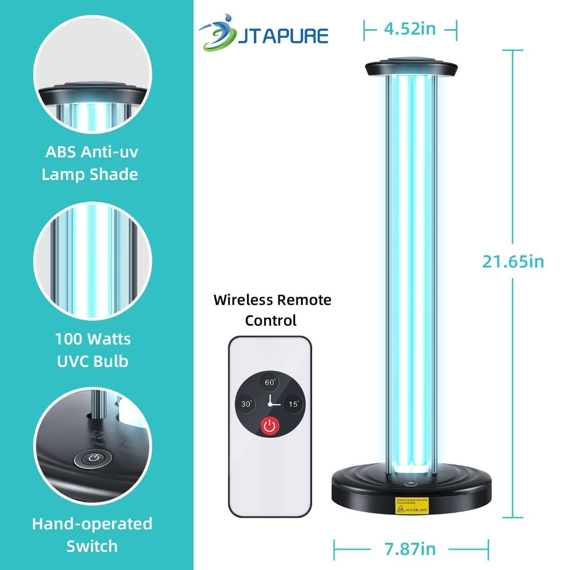 JTAPURE 100W UV-Licht mit Ozon, 3-Gang-Timer & Fernbedienung, Heimreinigungsgerät, Milben- und Schimmelentferner, Bettwanzenentferner für Badezimmer, Schlafzimmer, Keller