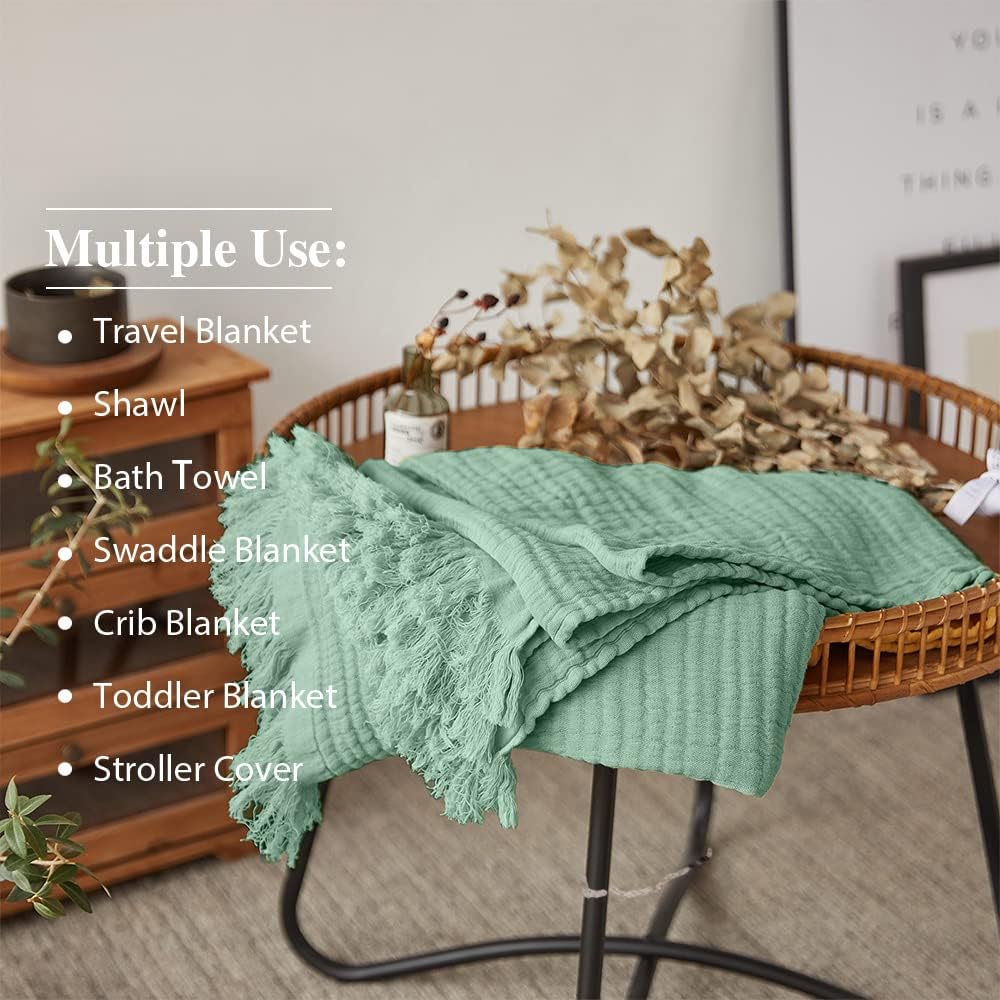 Simple&Opulence Cotton Muslin Throw Blanket for Bed, Couch, Knit Woven Gauze Blanket with Tassels, Soft Lightweight Cozy Pre-Washed Breathable Farmhouse Decoration for All-Season (Mint Green) - Image 5
