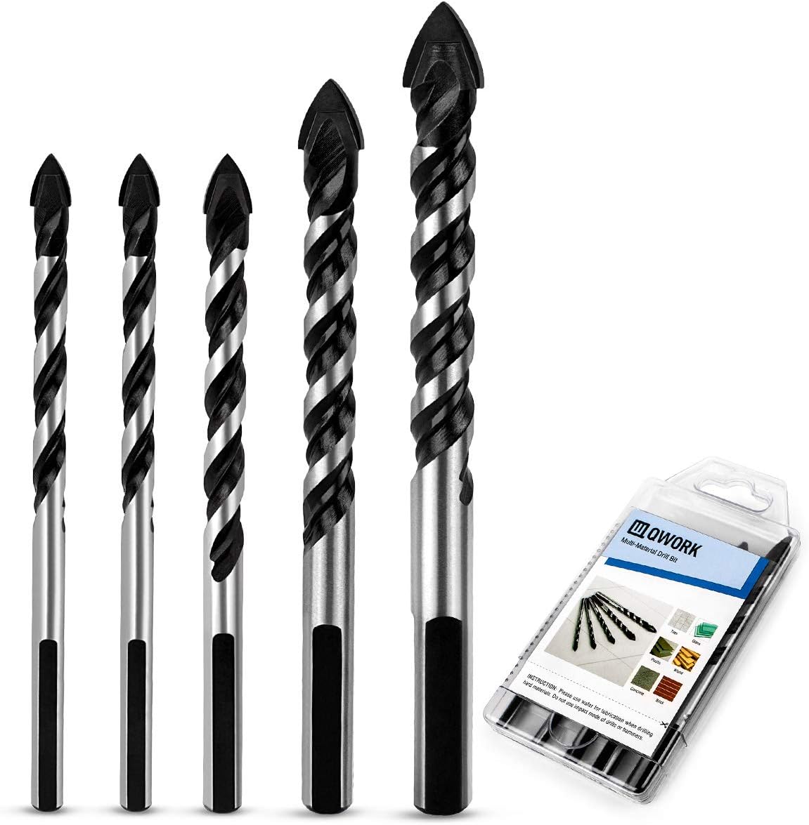 5 Pcs Multi-Material Drill Bits Set 6mm,8mm,10mm, 12mm,for Tile,Concrete, Brick, Glass, Plastic and Wood Tungsten Carbide Tip Best for Wall Mirror and Ceramic Tile on Concrete and Brick Wall